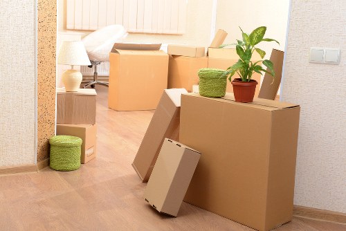 Packed boxes and furniture in a Hackney storage facility